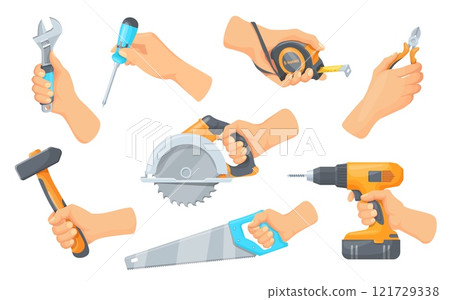 Hands holding construction tools. Professional craftsman handyman hand with electric or manual instruments, carpenter job repair industry labor day concept neat vector illustration Hands holding construction tools. Professional craftsman handyman hand with electric or manual instruments, carpenter job repair industry labor day concept neat vector illustration 121729338