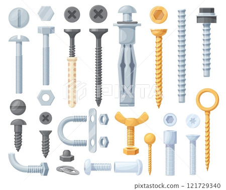 Wall fasteners. Metal screws stainless industrial hardware, steel bolts with round nut hook anchors metallic rivet washer iron nails construction tools, neat vector illustration 121729340