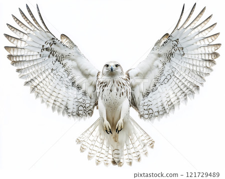 Majestic hawk with outstretched wings, showcasing its stunning white feathers and intricate patterns. This powerful bird symbolizes freedom and grace in nature, ai generative 121729489