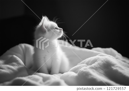 Pure white kitten gazes thoughtfully while sitting on soft white blanket in a calm indoor setting 121729557