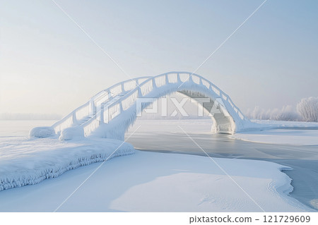 Snow-covered bridge creates a serene winter landscape over a frozen river at dawn on a quiet morning 121729609