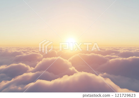Soft white cloudscape illuminated by a warm sunrise over the horizon creating a serene and tranquil atmosphere Soft white cloudscape illuminated by a warm sunrise over the horizon creating a serene and tranquil atmosphere 121729623