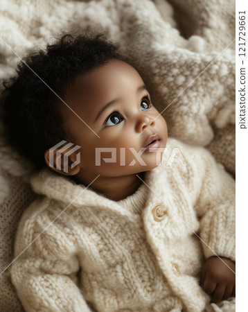 Cute baby in knitted onesie gazing curiously while sitting on a cozy blanket indoors 121729661