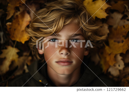 Charming boy with a mischievous grin surrounded by autumn leaves in a warm, golden light 121729662