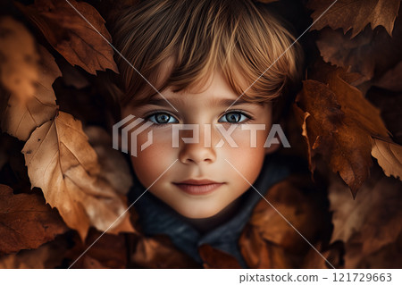 Charming boy with a mischievous grin playing in autumn leaves in a serene outdoor setting 121729663