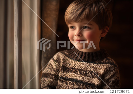 Little boy enjoys a serene moment by the window while wearing a cozy sweater and smiling softly during golden hour 121729671