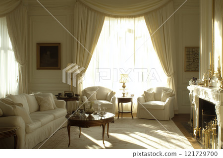 Elegant living room with white furniture and natural light creating a serene atmosphere for relaxation and leisure 121729700
