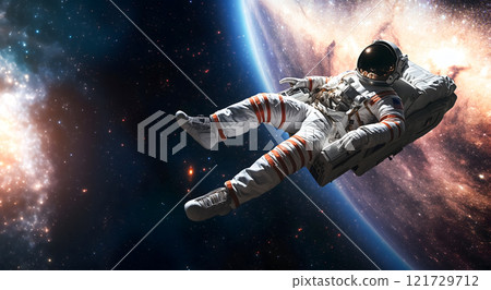 astronaut floats in space, surrounded by stars and galaxies, showcasing vastness of universe. scene evokes sense of wonder and exploration, ai generative 121729712