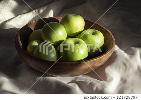 Fresh green apples arranged in a wooden bowl, illuminated softly by natural light on a white cloth in the early morning Fresh green apples arranged in a wooden bowl, illuminated softly by natural light on a white cloth in the early morning 121729797