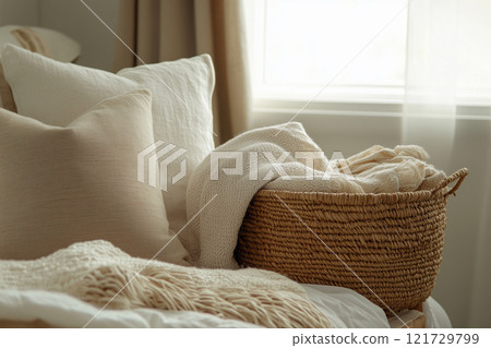 Cozy bedroom corner with textured pillows and woven basket holding soft throws during morning light Cozy bedroom corner with textured pillows and woven basket holding soft throws during morning light 121729799