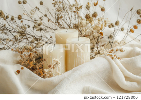 Softly lit candles surrounded by dried flowers on a natural fabric backdrop, creating a calming and serene atmosphere in a cozy setting 121729800