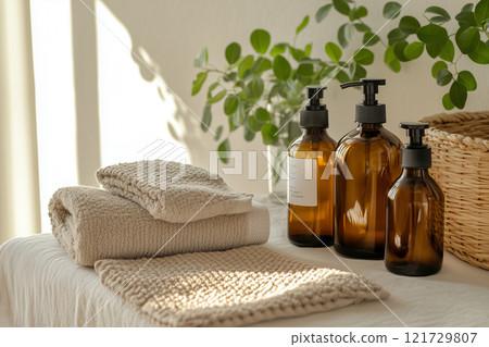 A cozy natural bathroom setting with green plants, soft towels, and amber bottles in warm sunlight during the day A cozy natural bathroom setting with green plants, soft towels, and amber bottles in warm sunlight during the day 121729807