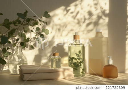 Natural skincare setup with glass bottles, towels, and greenery captured in soft sunlight creating a relaxing atmosphere 121729809
