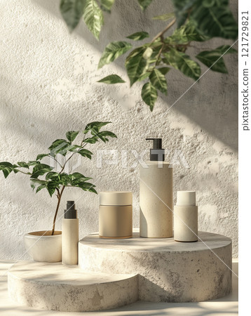 Natural skincare display with minimalist concrete containers and greenery in soft light setting 121729821