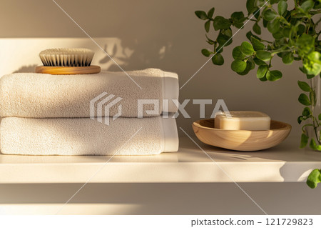 Neatly arranged soft towels, a brush, and a soap dish on a wooden shelf in a serene bathroom setting, illuminated by warm afternoon light 121729823