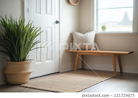 Cozy entryway with a wooden bench, potted plant, and soft lighting in a welcoming home environment 121729875
