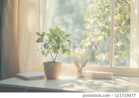 A serene indoor setting featuring a potted plant by the window with sunlight filtering through sheer curtains in the morning light 121729877