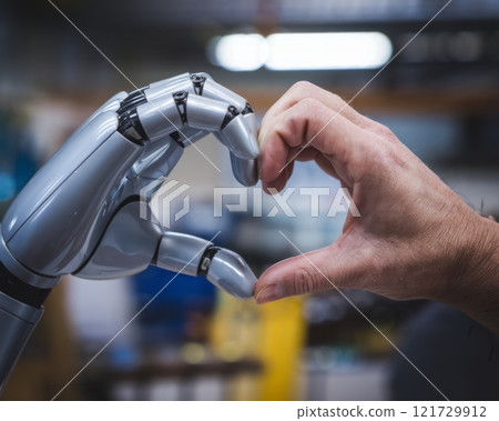 Symbolic Human Robot Interaction Close Up Showing Robotic Hand Touching Human Finger in Modern Technology Laboratory Setting 121729912