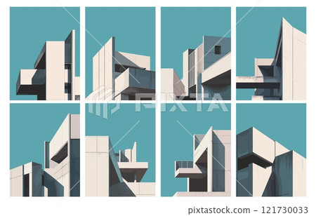 Constructivist buildings posters. Bauhaus style modern apartments or houses architecture web backgrounds retro abstract scandinavian building structures set vector illustration 121730033