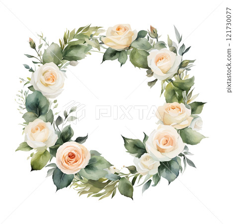 Watercolor roses round frame flowers with gold, symbol of love, wedding, purity, vector illustration 121730077
