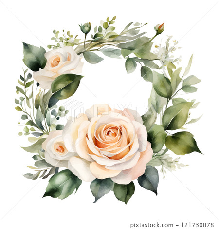 Watercolor roses round frame flowers with gold, symbol of love, wedding, purity, vector illustration 121730078