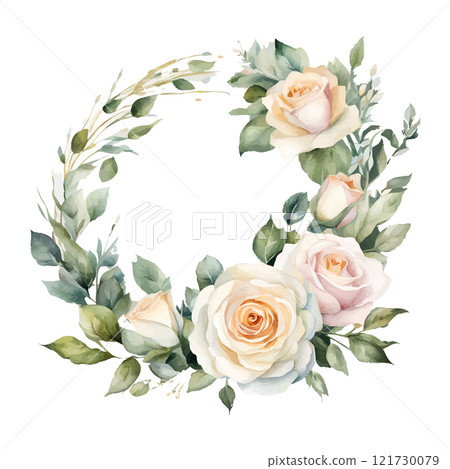Watercolor roses round frame flowers with gold, symbol of love, wedding, purity, vector illustration 121730079