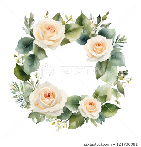 Watercolor roses round frame flowers with gold, symbol of love, wedding, purity, vector illustration 121730081