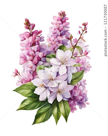 Watercolor branch of lilac, symbol of love, wedding, purity, vector illustration 121730087