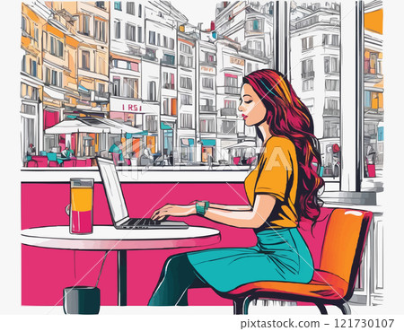 Girl from home working on laptop. Work from home and freelance. Young woman studying at home, freelancer lifestyle 121730107