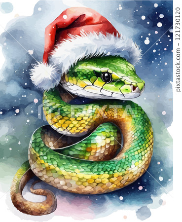 Watercolor illustration of a Christmas Snake wearing Santa Claus hat drawing. Symbol 2025 Chinese Year 121730120