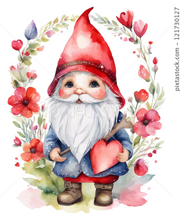 A pink gnome holding a bouquet of red roses. Watercolor cute Valentine gnome 121730127