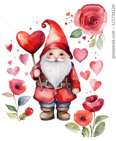A pink gnome holding a bouquet of red roses. Watercolor cute Valentine gnome 121730128