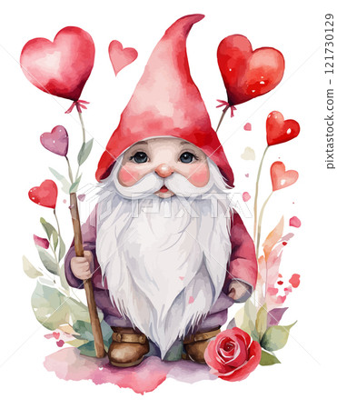 A pink gnome holding a bouquet of red roses. Watercolor cute Valentine gnome 121730129