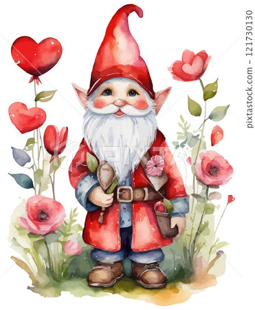 A pink gnome holding a bouquet of red roses. Watercolor cute Valentine gnome 121730130