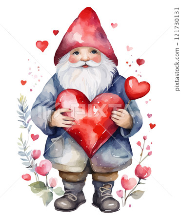 A pink gnome holding a bouquet of red roses. Watercolor cute Valentine gnome 121730131