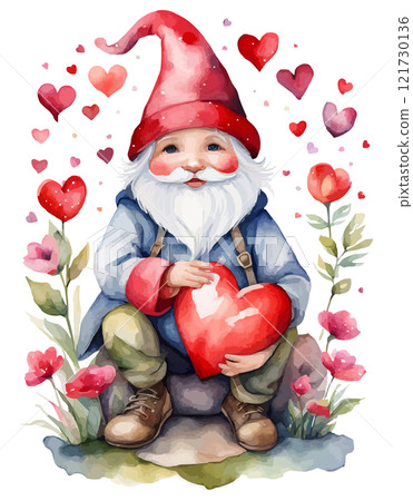 A pink gnome holding a bouquet of red roses. Watercolor cute Valentine gnome 121730136