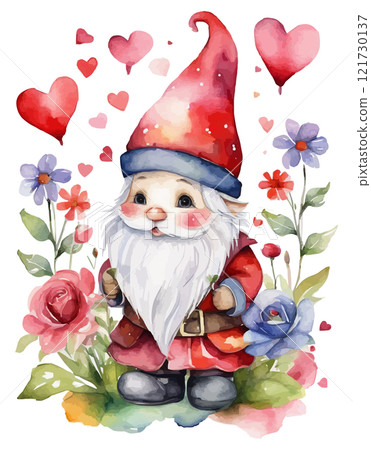 A pink gnome holding a bouquet of red roses. Watercolor cute Valentine gnome 121730137