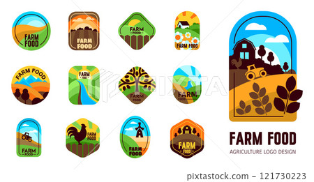 Agriculture and Farm Logo Icon Set. Green Fields, Sun, Sky, Eco Symbols in a Geometric style and Vector Illustration.. Agriculture and Farm Logo Icon Set. Green Fields, Sun, Sky, Eco Symbols in a Geometric style and Vector Illustration.. 121730223