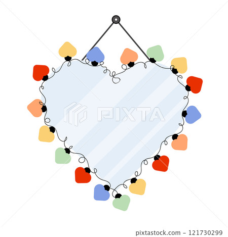 Cute heart shaped wall mirror decorated with hearts. Flat vector illustration. 121730299