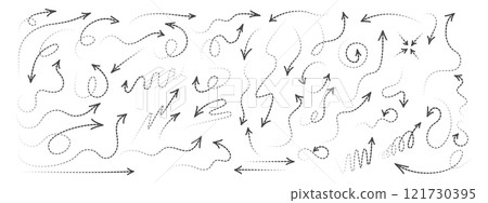 Set of curved arrows with dotted lines. A collection of zigzag arrows with dotted lines, curved pointers indicating a complex path . Vector simple design Set of curved arrows with dotted lines. A collection of zigzag arrows with dotted lines, curved pointers indicating a complex path . Vector simple design 121730395