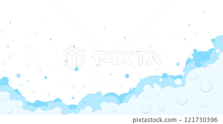 Foam bubbles frame. Cartoon bubbles of shampoo, bubble bath, soap border background. Blue flat bubbles.Cleaning and washing products . Vector illustration Foam bubbles frame. Cartoon bubbles of shampoo, bubble bath, soap border background. Blue flat bubbles.Cleaning and washing products . Vector illustration 121730396