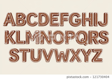 Delicious Gingerbread Cookie Alphabet Set with Festive Icing Outline on Neutral Background Delicious Gingerbread Cookie Alphabet Set with Festive Icing Outline on Neutral Background 121730404