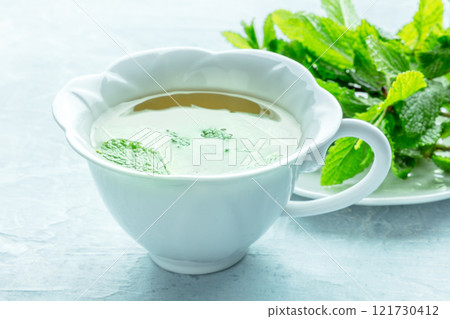 Mint tea. A cup of peppermint tea with fresh mint leaves Mint tea. A cup of peppermint tea with fresh mint leaves 121730412