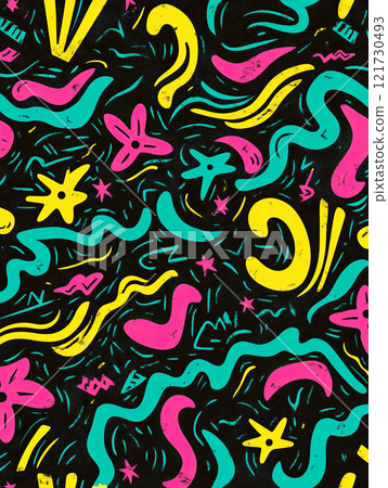 Abstract colorful pattern in turquoise, pink, yellow on black background 121730493
