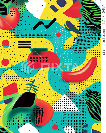 Colorful abstract fruits and leaves pattern on yellow background 121730494