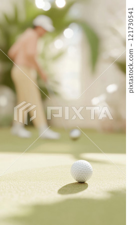 Golf ball in motion on lush green course during sunny day, action concept Golf ball in motion on lush green course during sunny day, action concept 121730541