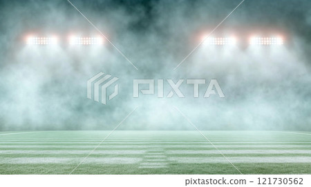 American football field with bright stadium lights and fog, ideal for sports background 121730562