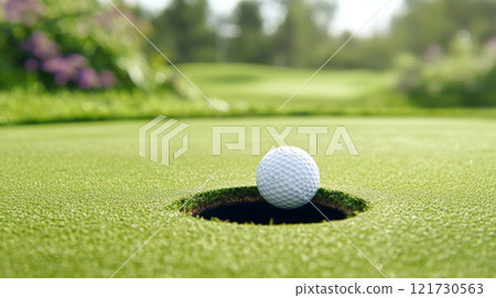 Golf ball near hole on green grass, concept of sport and leisure 121730563