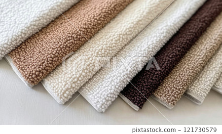 Boucle Fabric samples in various neutral colors close up arranged, texture detail, interior design palette background 121730579