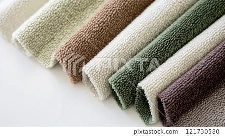 Chenille Fabric samples in various neutral colors close up arranged, texture detail, interior design palette background 121730580